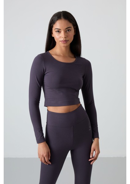 Antrasit Yüksek Bel Uzun Kollu Slim Fit Crop Top Kadın Tayt Takım - 95286 fırsatları