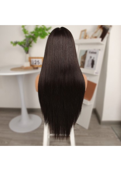 Koyu Kestane Ekstra Uzun Fiber Sentetik Düz Tül Peruk indirimleri