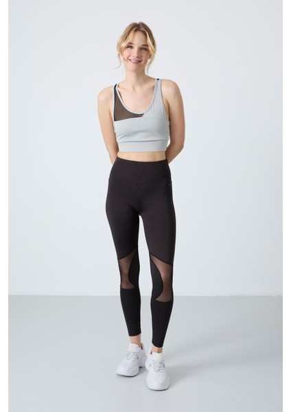 Taş - Siyah Polyester Esnek Standart Fit Performans Kadın Tayt Takım - 95331
