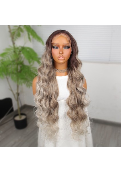 Rus Kumralı Beyaz Platin Ombreli Işıltılı Ekstra Uzun Fiber Sentetik Dalgalı Tül Peruk