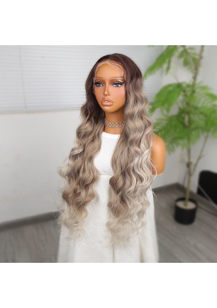 Rus Kumralı Beyaz Platin Ombreli Işıltılı Ekstra Uzun Fiber Sentetik Dalgalı Tül Peruk modelleri