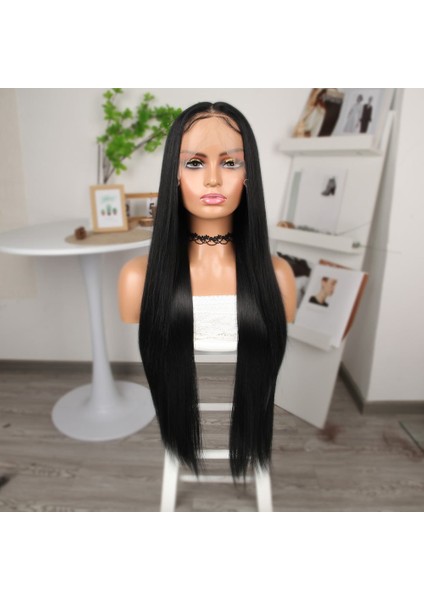 Siyah Ekstra Uzun Fiber Sentetik Düz Tül Peruk fiyatları