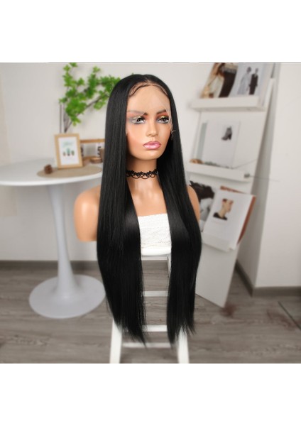 Siyah Ekstra Uzun Fiber Sentetik Düz Tül Peruk modelleri