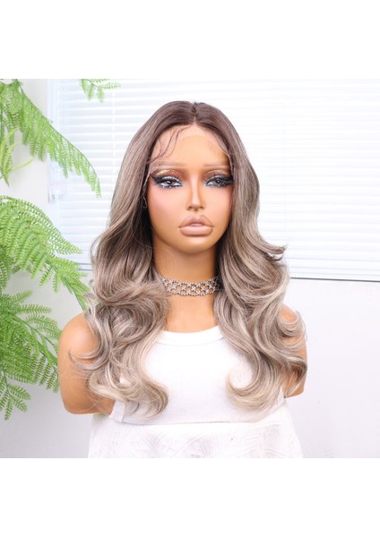 Açık Kumral Platin Ombreli ve Işıltılı Bebek Saçlı Fiber Sentetik Tül Peruk modelleri