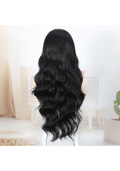 Siyah Fiber Sentetik Su Dalgalı Tül Peruk indirimleri