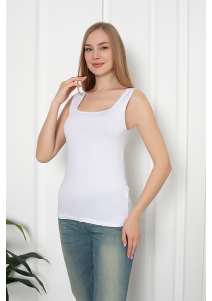 Beyaz Renkli Penye Kumaş Geniş Askılı Basic T-Shirt / Bluz fiyatları