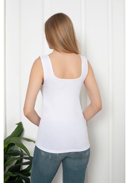 Beyaz Renkli Penye Kumaş Geniş Askılı Basic T-Shirt / Bluz modelleri