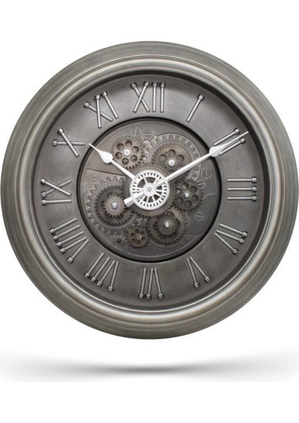 Premium Serisi Antik Eskitme Kadranlı Döner Çarklı Ev ve Ofis Duvar Saati Roma Rakamlı 40 cm Gri