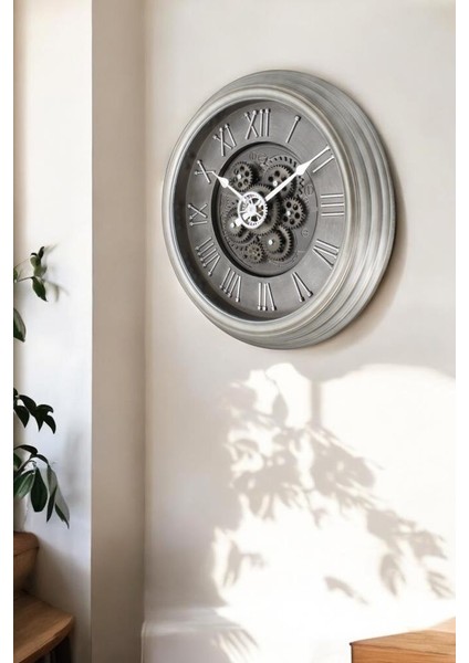 Premium Serisi Antik Eskitme Kadranlı Döner Çarklı Ev ve Ofis Duvar Saati Roma Rakamlı 40 cm Gri modelleri