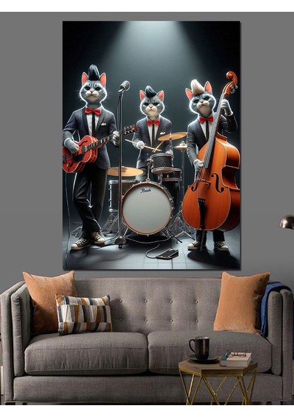 Kedi Orkestrası Dekoratif Kanvas - Mdf Ahşap Tablo