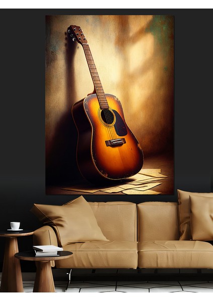 Klasik Akustik Gitar Dekoratif Kanvas - Mdf Ahşap Tablo