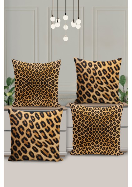 4 Lü Çift Taraflı Dijital Baskı Kırlent Kılıfı Leopar Desenli