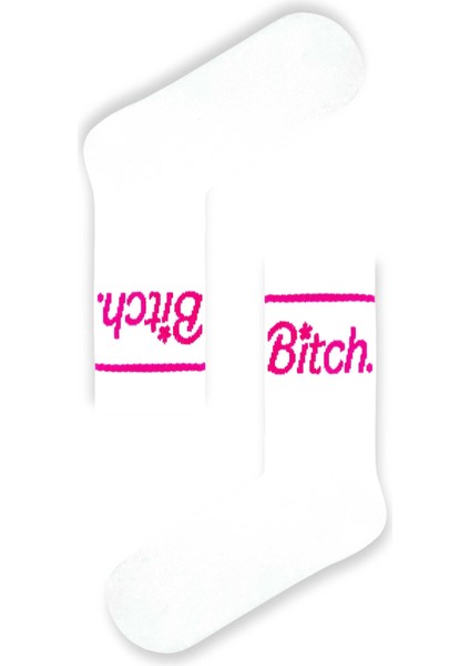 Pembe B.tch Yazılı Beyaz Tenis Çorap