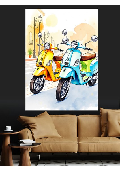 Renkli Vespa Motorları Dekoratif Kanvas - Mdf Ahşap Tablo