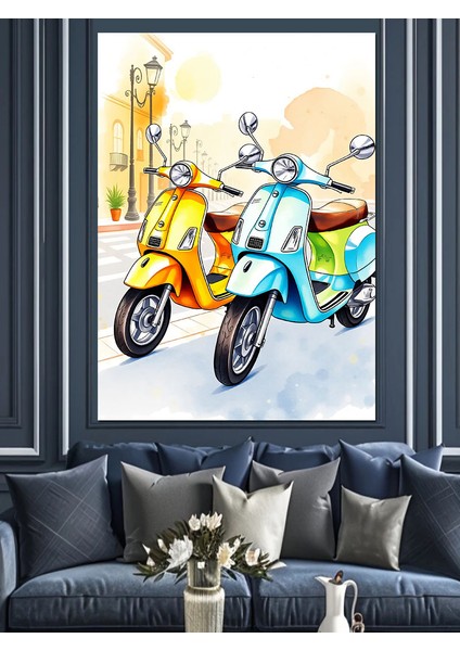 Renkli Vespa Motorları Dekoratif Kanvas - Mdf Ahşap Tablo