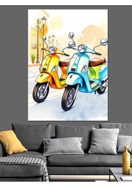 Renkli Vespa Motorları Dekoratif Kanvas - Mdf Ahşap Tablo