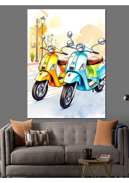 Renkli Vespa Motorları Dekoratif Kanvas - Mdf Ahşap Tablo