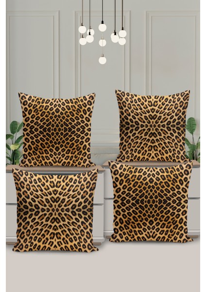4 Lü Çift Taraflı Dijital Baskı Kırlent Kılıfı Leopar Desenli