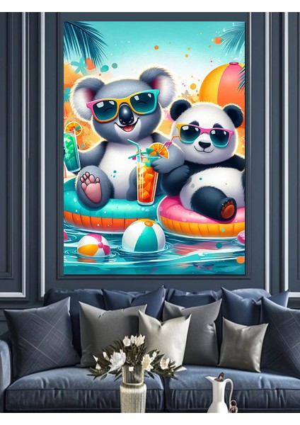 Havuzda Koala ve Panda Dekoratif Kanvas - Mdf Ahşap Tablo