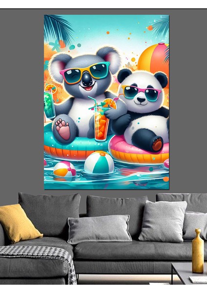 Havuzda Koala ve Panda Dekoratif Kanvas - Mdf Ahşap Tablo