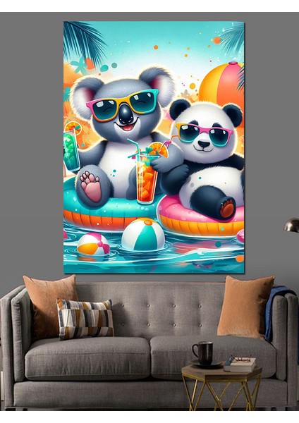 Havuzda Koala ve Panda Dekoratif Kanvas - Mdf Ahşap Tablo