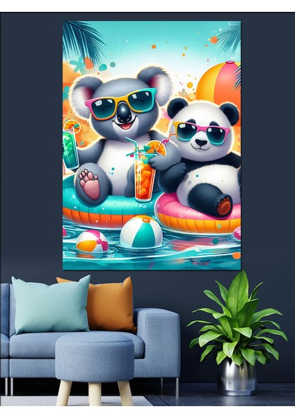 Havuzda Koala ve Panda Dekoratif Kanvas - Mdf Ahşap Tablo