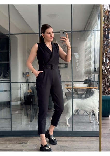 Kadın Dokuma Kumaş Kruvaze Yaka Kemerli Sıfır Kol Tulum modelleri