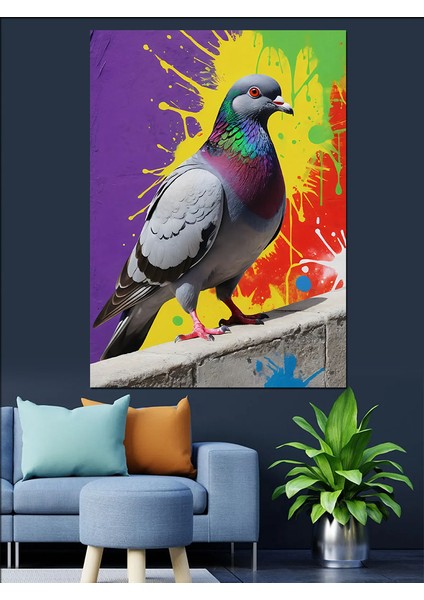 Renkli Güvercin Çizimi Dekoratif Kanvas - Mdf Ahşap Tablo
