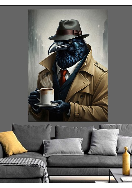 Kahve Içen Dedektif Karga Dekoratif Kanvas - Mdf Ahşap Tablo