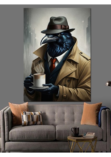 Kahve Içen Dedektif Karga Dekoratif Kanvas - Mdf Ahşap Tablo fiyatları