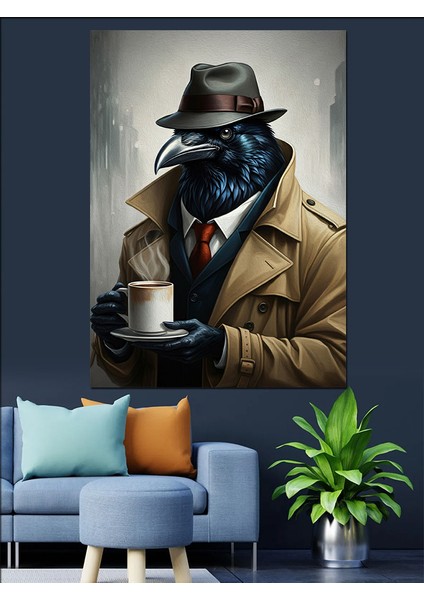 Kahve Içen Dedektif Karga Dekoratif Kanvas - Mdf Ahşap Tablo modelleri