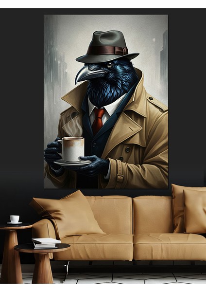 Kahve Içen Dedektif Karga Dekoratif Kanvas - Mdf Ahşap Tablo fırsatları