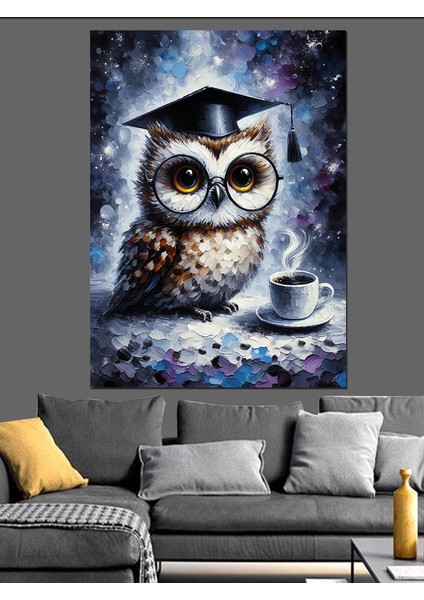 Mezuniyet Kepi Takmış Baykuş Dekoratif Kanvas - Mdf Ahşap Tablo