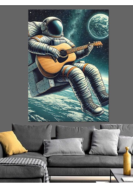 Ayda Gitar Çalan Astronot Dekoratif Kanvas - Mdf Ahşap Tablo