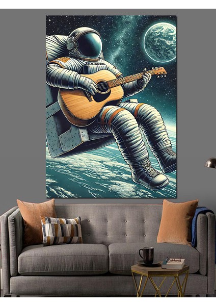 Ayda Gitar Çalan Astronot Dekoratif Kanvas - Mdf Ahşap Tablo
