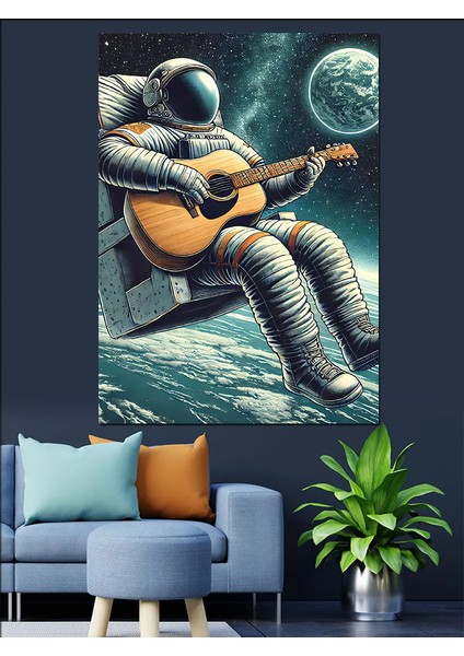 Ayda Gitar Çalan Astronot Dekoratif Kanvas - Mdf Ahşap Tablo