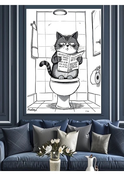 Tuvalette Gazete Okuyan Kedi Dekoratif Kanvas - Mdf Ahşap Tablo fiyatları