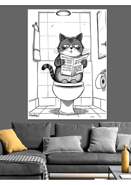 Tuvalette Gazete Okuyan Kedi Dekoratif Kanvas - Mdf Ahşap Tablo modelleri