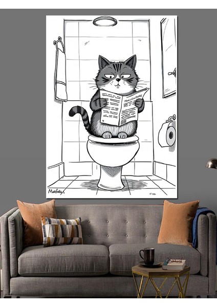 Tuvalette Gazete Okuyan Kedi Dekoratif Kanvas - Mdf Ahşap Tablo fırsatları