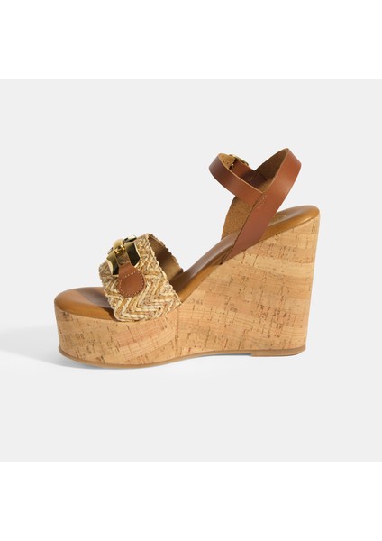 Kadın Kahve Toka Aksesuarlı Deri Detaylı Slingback Dolgu Topuklu Sandalet modelleri
