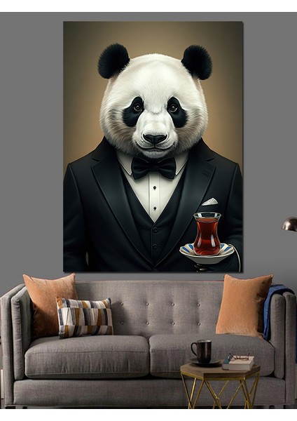 Papyonlu Panda ve Çay Dekoratif Kanvas - Mdf Ahşap Tablo