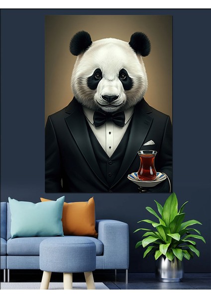 Papyonlu Panda ve Çay Dekoratif Kanvas - Mdf Ahşap Tablo fiyatları