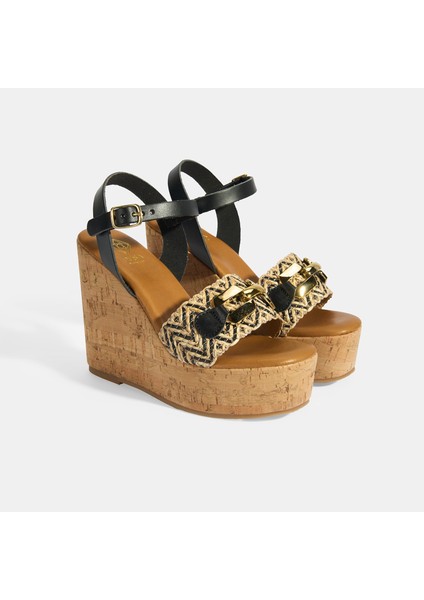 Kadın Siyah Toka Aksesuarlı Deri Detaylı Slingback Dolgu Topuklu Sandalet fiyatları