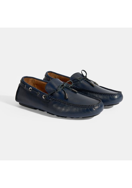 Erkek Lacivert Bağcık Detaylı Slip-On Deri Loafer