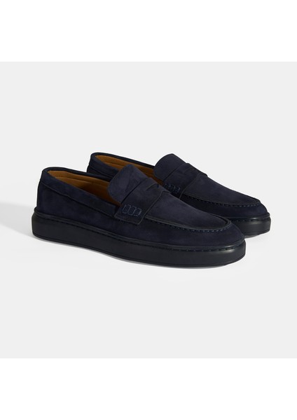 Erkek Lacivert Slip-On Nubuk Deri Loafer