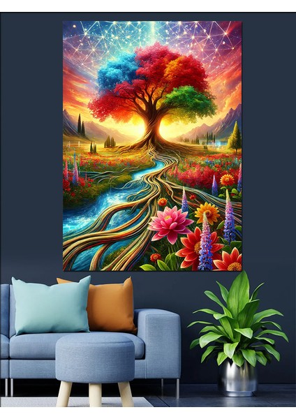 Büyülü Renkli Ağaç Dekoratif Kanvas - Mdf Ahşap Tablo