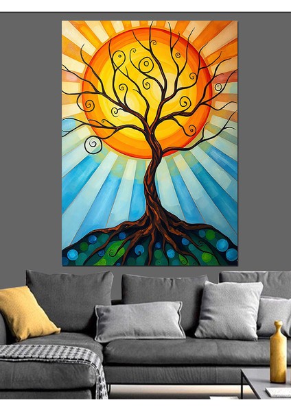 Güneş ve Yaşam Ağacı Dekoratif Kanvas - Mdf Ahşap Tablo