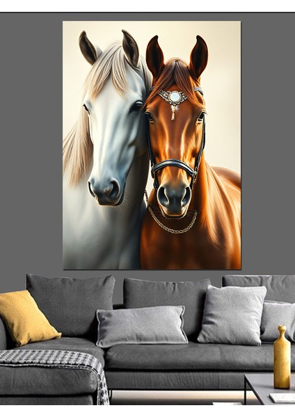 Birlikte Duran Iki At Figürü Dekoratif Kanvas - Mdf Ahşap Tablo fırsatları