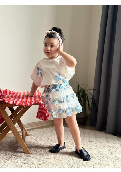 Kız Çocuk Çiçek Dokulu Payet Detaylı 2'li Takım Mavi fiyatları
