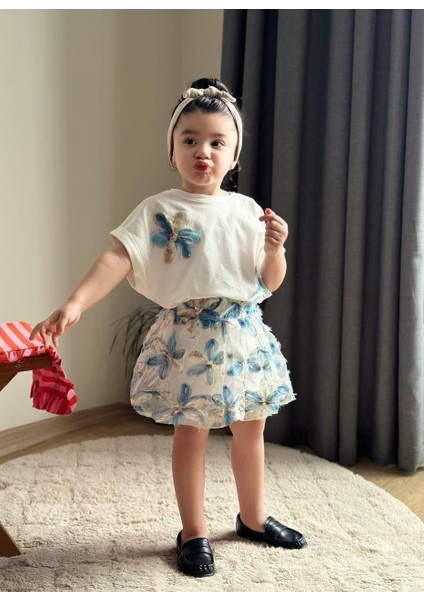 Kız Çocuk Çiçek Dokulu Payet Detaylı 2'li Takım Mavi modelleri